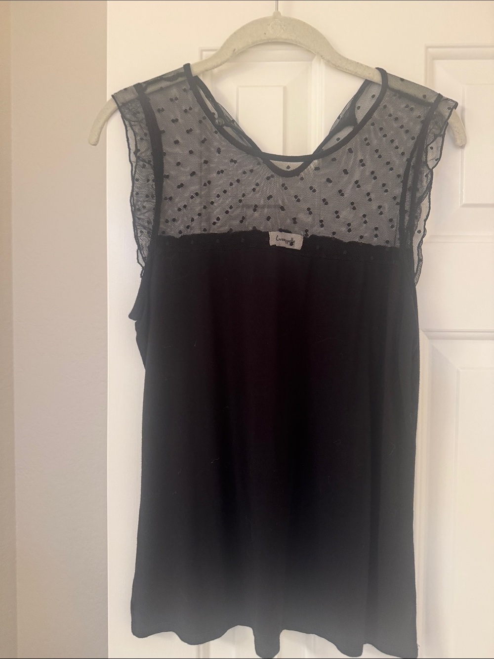 Loveappella Black Sheer Polka-Dot Yoke Night Tank